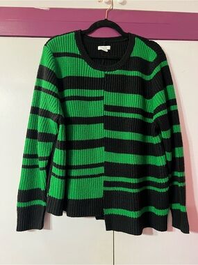Nine West Green and Black Striped Crewneck Sweater